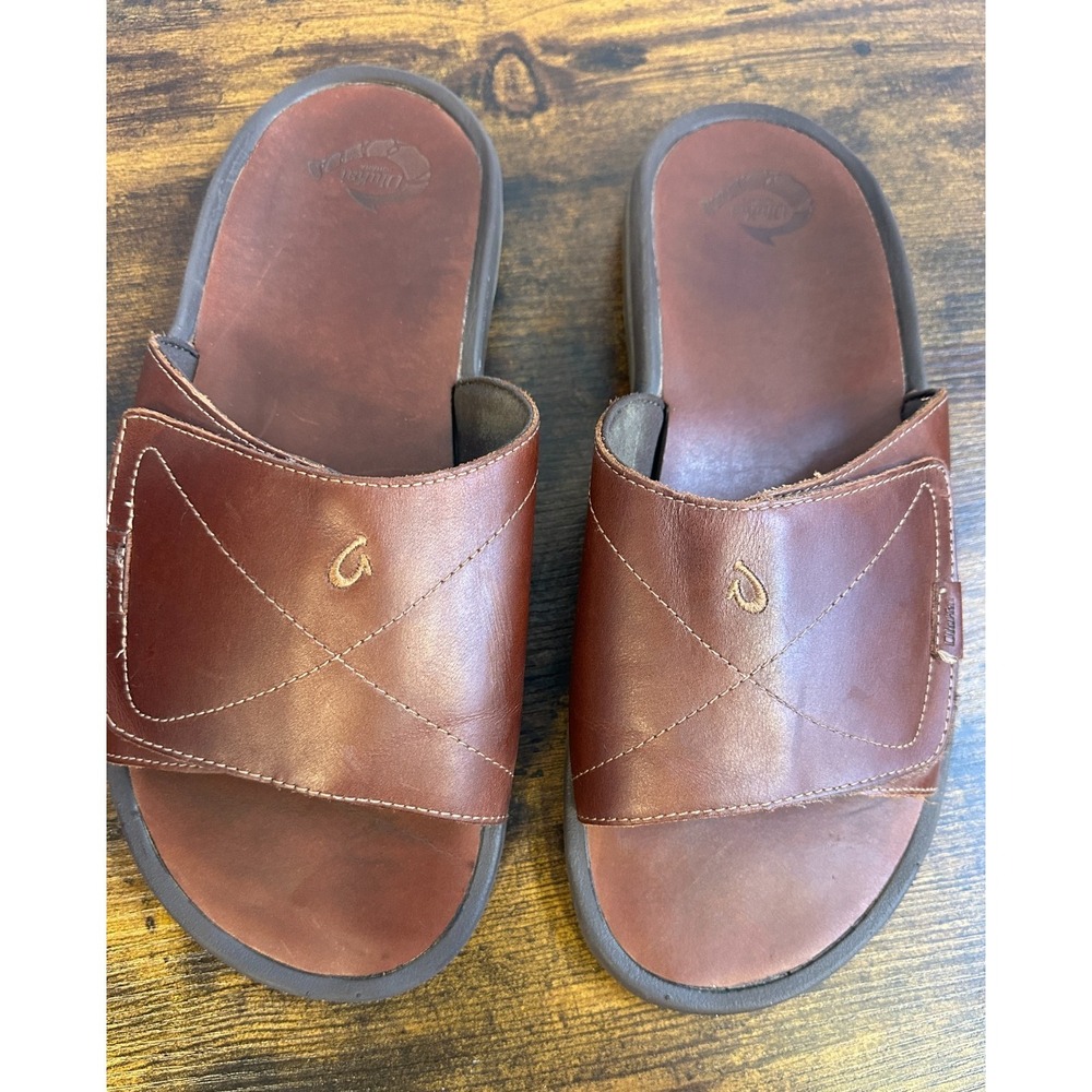 OluKai Ohana Leather Slide Mens 14 Brown Dark Wood Sandals 10137-4848 EUR 47 - Picture 14 of 14
